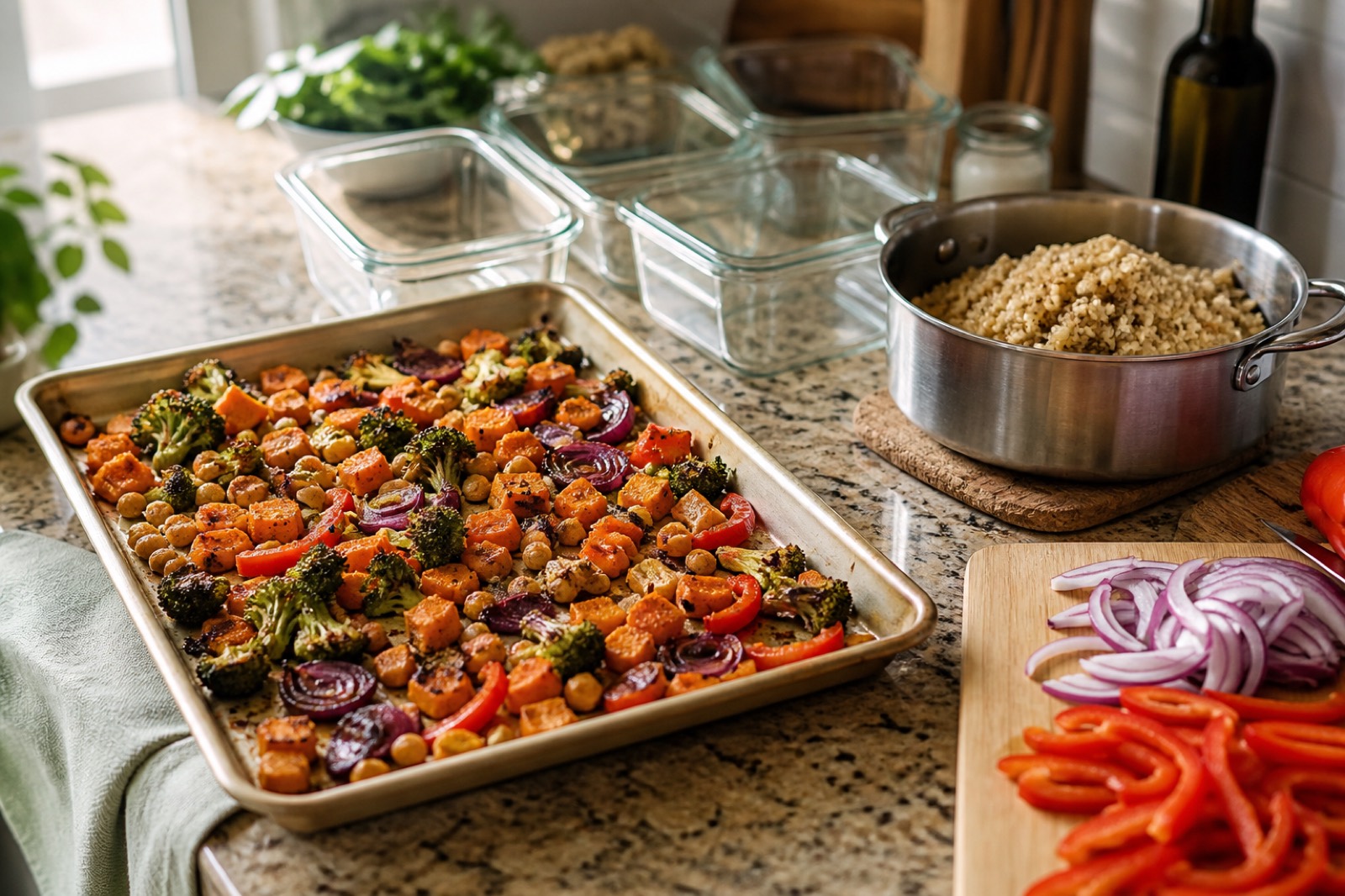 Bancada de cozinha com tabuleiro de legumes assados, panela de quinoa e recipientes vazios