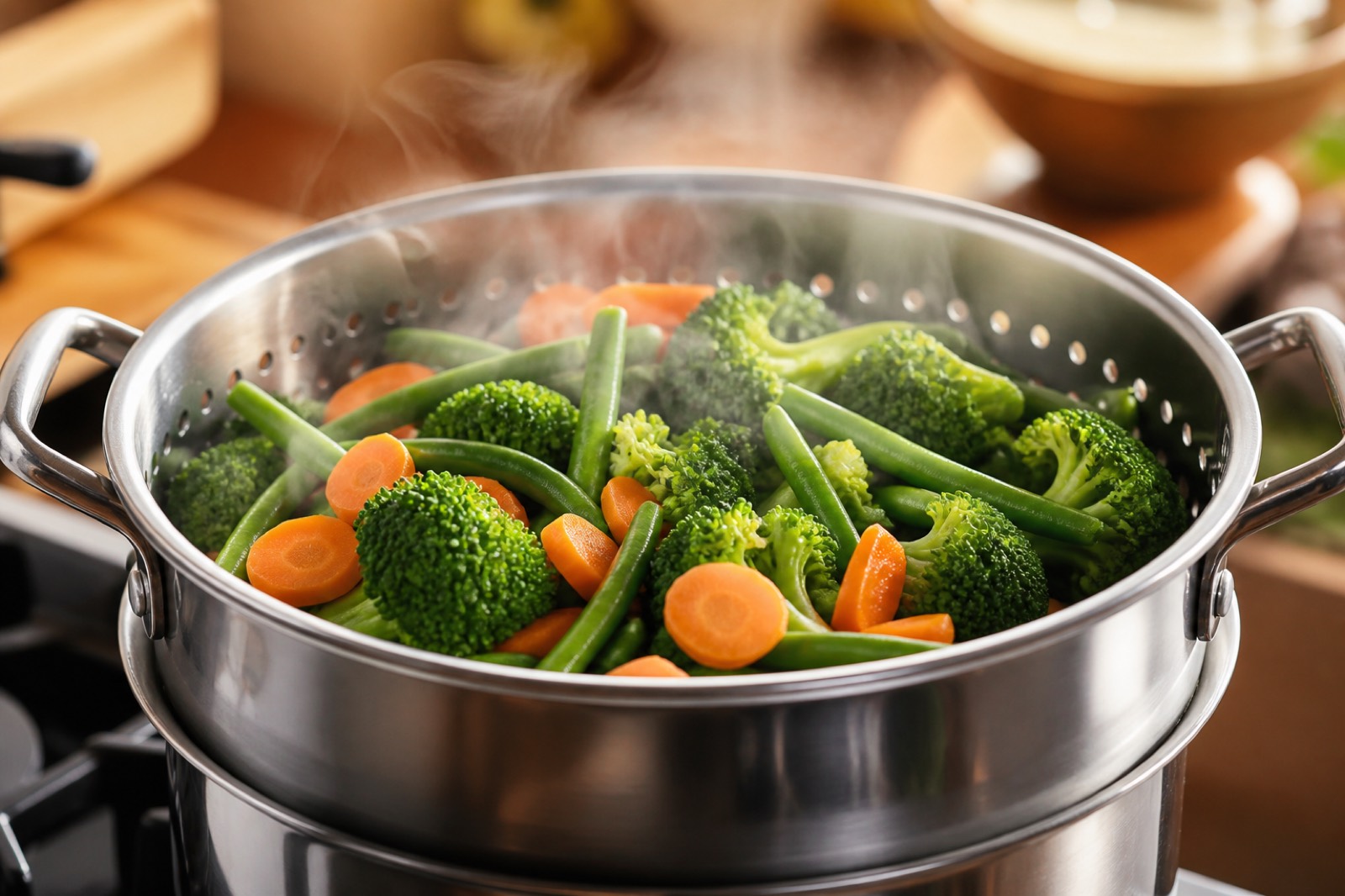 Legumes a cozer no vapor num cesto de inox