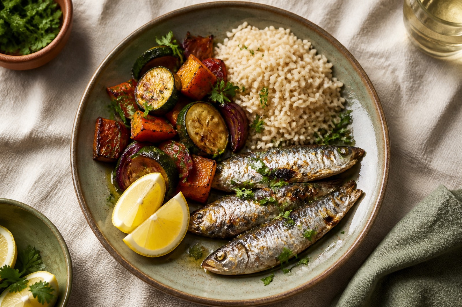 Prato equilibrado com legumes, peixe e cereais