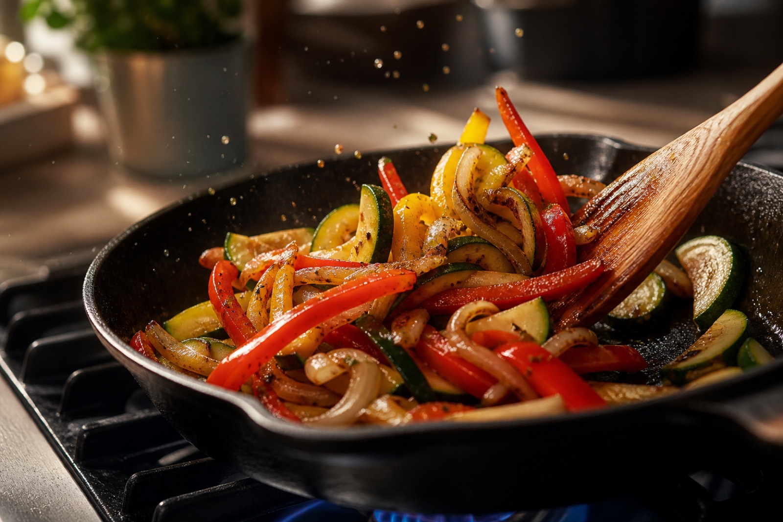 Tiras de pimento, cebola e courgette a saltear numa frigideira de ferro