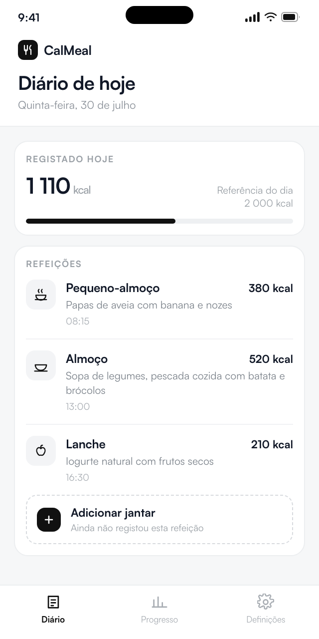Ecrã da CalMeal com o diário de refeições do dia: pequeno-almoço, almoço e lanche registados